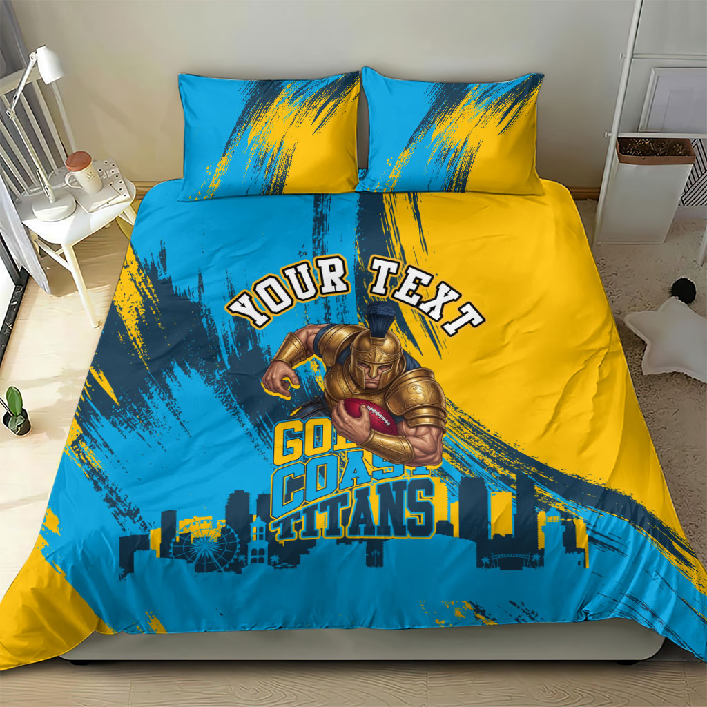 Personalised Gold Coast Titans Rugby Bedding Set Muscular Titan Mascot City Skyline Graphic