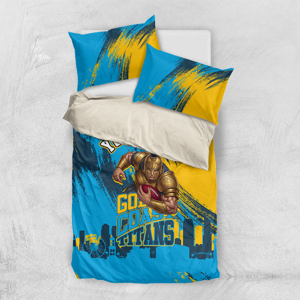 Personalised Gold Coast Titans Rugby Bedding Set Muscular Titan Mascot City Skyline Graphic