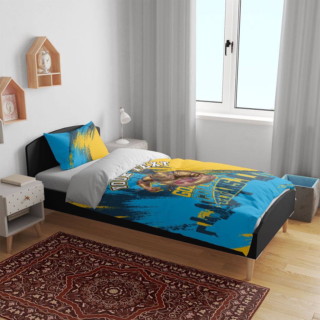 Personalised Gold Coast Titans Rugby Bedding Set Muscular Titan Mascot City Skyline Graphic