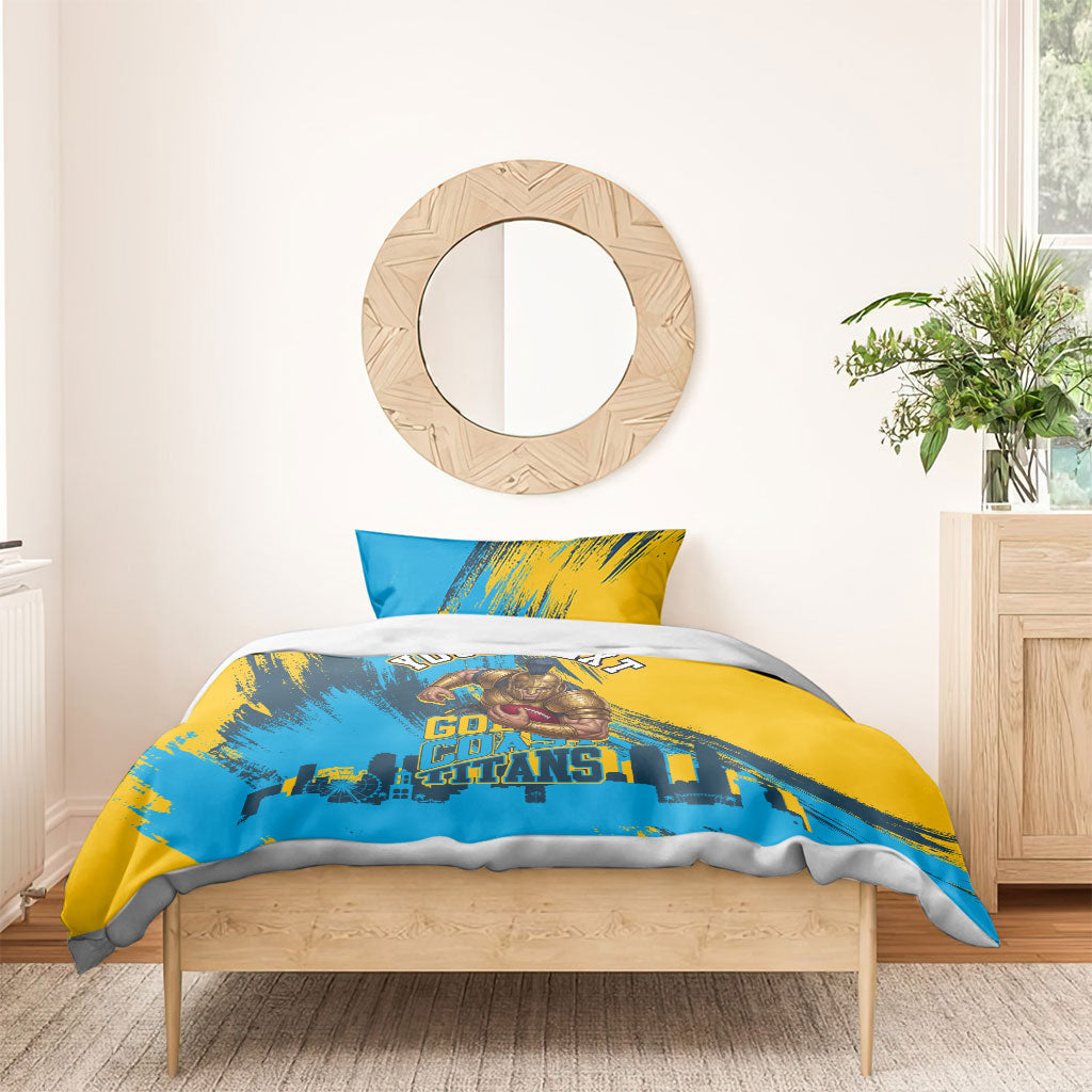 Personalised Gold Coast Titans Rugby Bedding Set Muscular Titan Mascot City Skyline Graphic