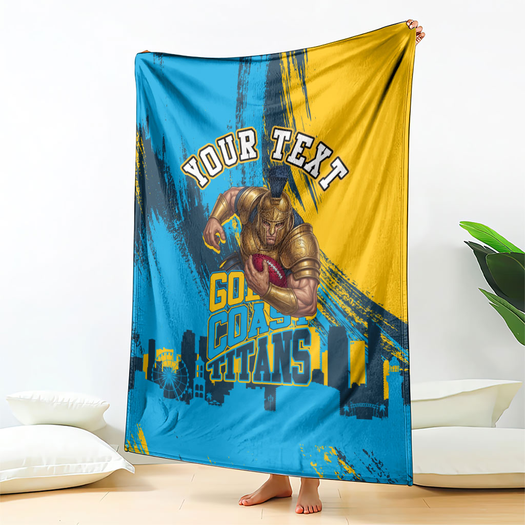 Personalised Gold Coast Titans Rugby Blanket Muscular Titan Mascot City Skyline Graphic