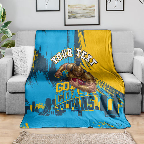 Personalised Gold Coast Titans Rugby Blanket Muscular Titan Mascot City Skyline Graphic