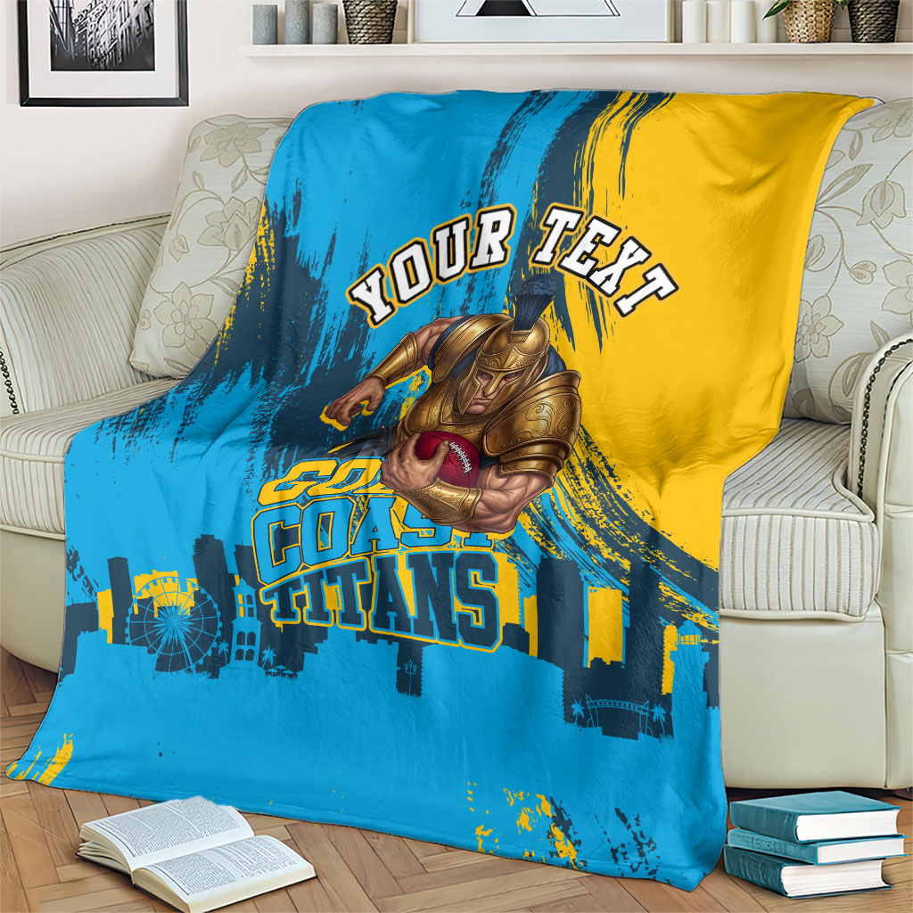 Personalised Gold Coast Titans Rugby Blanket Muscular Titan Mascot City Skyline Graphic