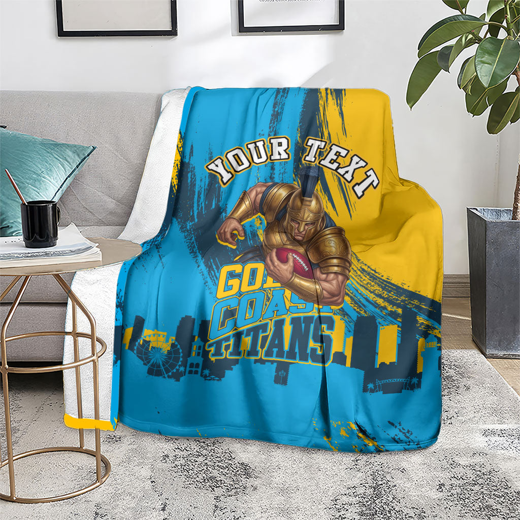 Personalised Gold Coast Titans Rugby Blanket Muscular Titan Mascot City Skyline Graphic