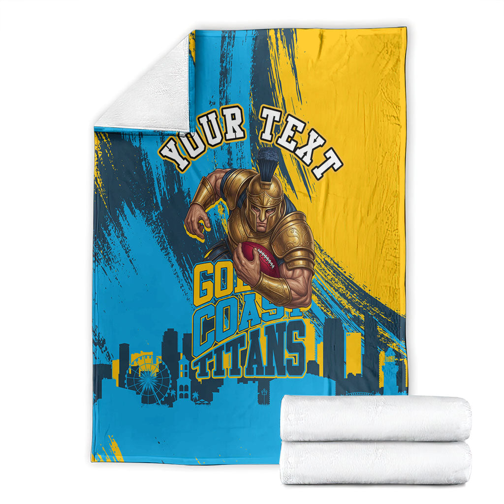 Personalised Gold Coast Titans Rugby Blanket Muscular Titan Mascot City Skyline Graphic