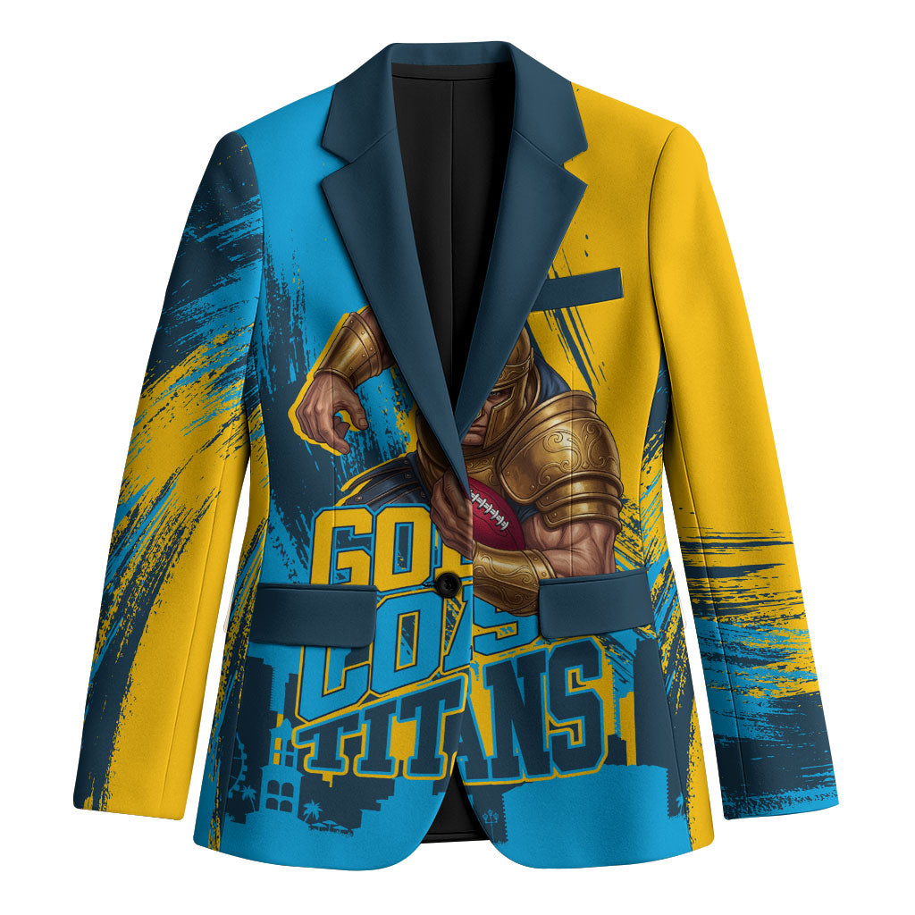 Personalised Gold Coast Titans Rugby Blazer Muscular Titan Mascot City Skyline Graphic