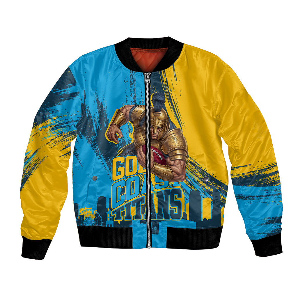 Personalised Gold Coast Titans Rugby Bomber Jacket Muscular Titan Mascot City Skyline Graphic