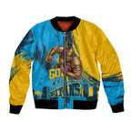Personalised Gold Coast Titans Rugby Bomber Jacket Muscular Titan Mascot City Skyline Graphic