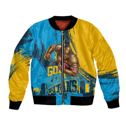 Personalised Gold Coast Titans Rugby Bomber Jacket Muscular Titan Mascot City Skyline Graphic