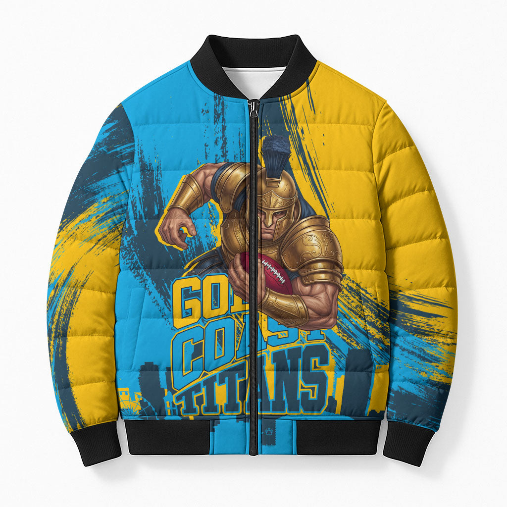 Personalised Gold Coast Titans Rugby Bomber Puffer Jacket Muscular Titan Mascot City Skyline Graphic