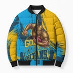 Personalised Gold Coast Titans Rugby Bomber Puffer Jacket Muscular Titan Mascot City Skyline Graphic