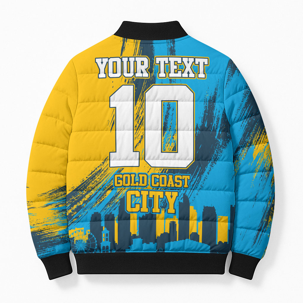 Personalised Gold Coast Titans Rugby Bomber Puffer Jacket Muscular Titan Mascot City Skyline Graphic