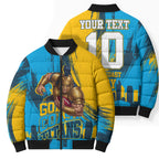 Personalised Gold Coast Titans Rugby Bomber Puffer Jacket Muscular Titan Mascot City Skyline Graphic