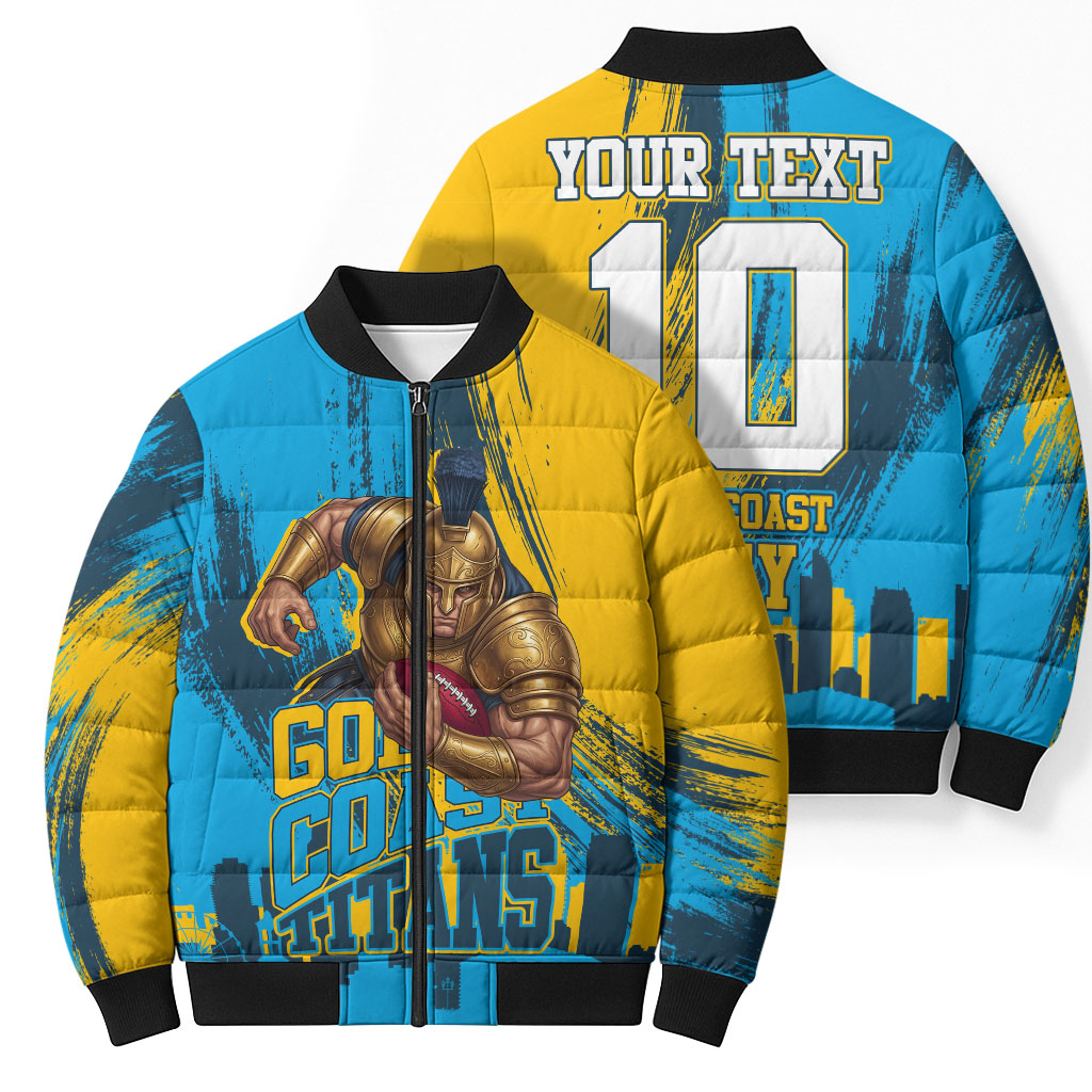 Personalised Gold Coast Titans Rugby Bomber Puffer Jacket Muscular Titan Mascot City Skyline Graphic