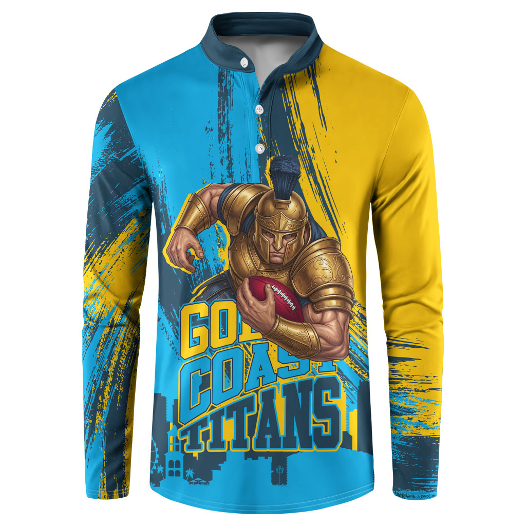 Personalised Gold Coast Titans Rugby Button Sweatshirt Muscular Titan Mascot City Skyline Graphic