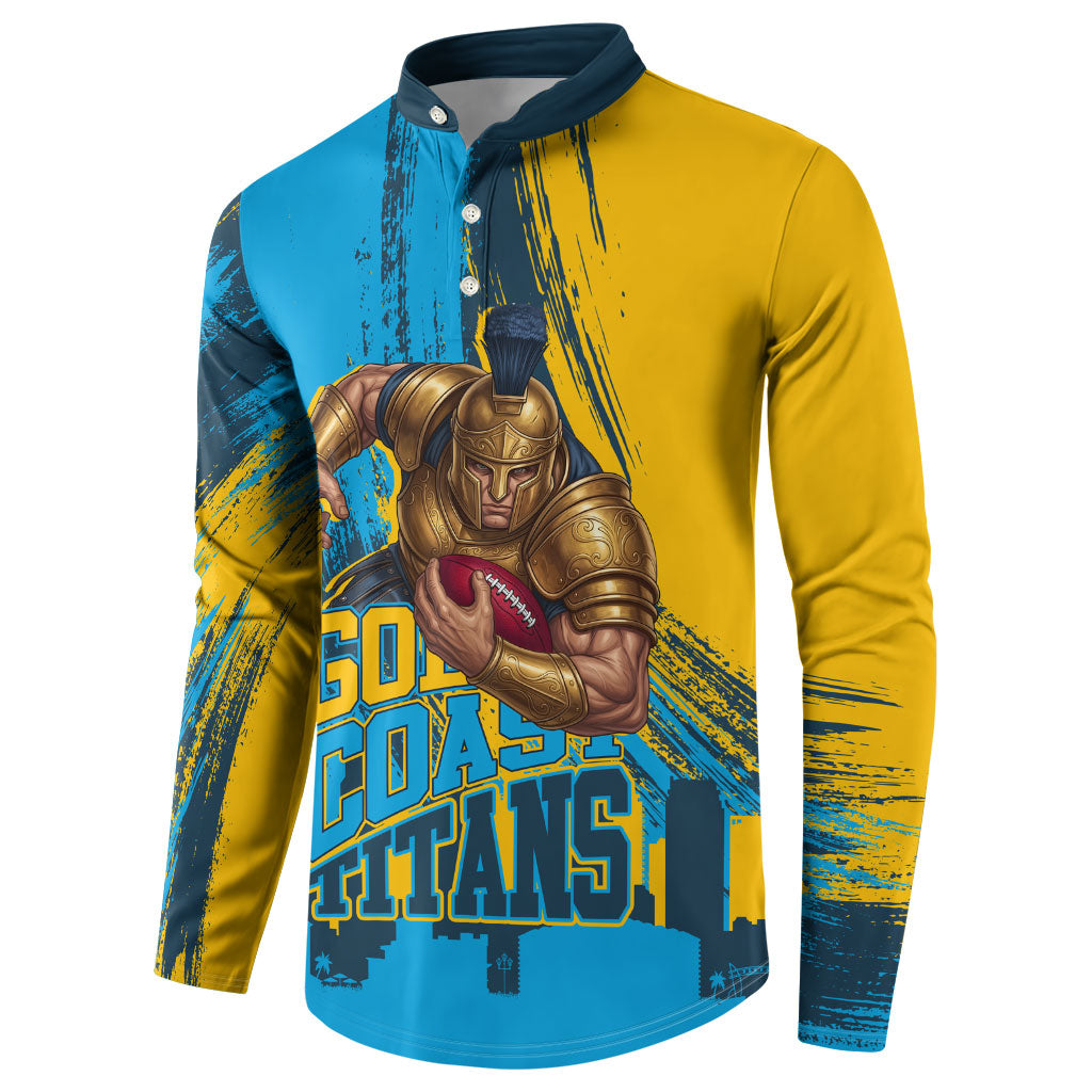 Personalised Gold Coast Titans Rugby Button Sweatshirt Muscular Titan Mascot City Skyline Graphic