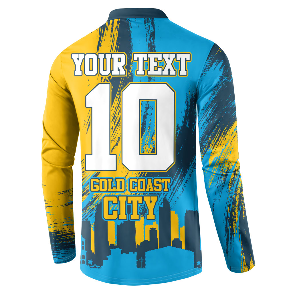 Personalised Gold Coast Titans Rugby Button Sweatshirt Muscular Titan Mascot City Skyline Graphic