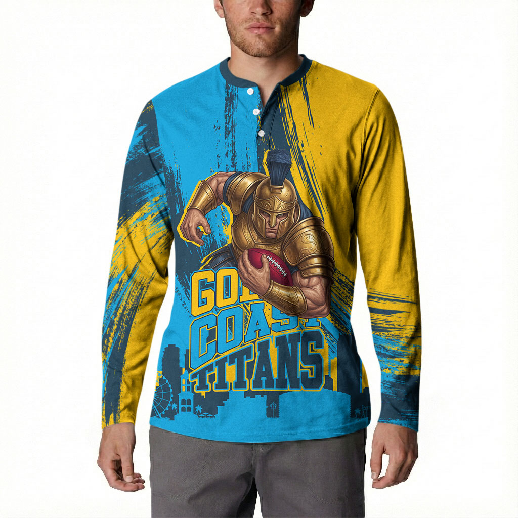 Personalised Gold Coast Titans Rugby Button Sweatshirt Muscular Titan Mascot City Skyline Graphic