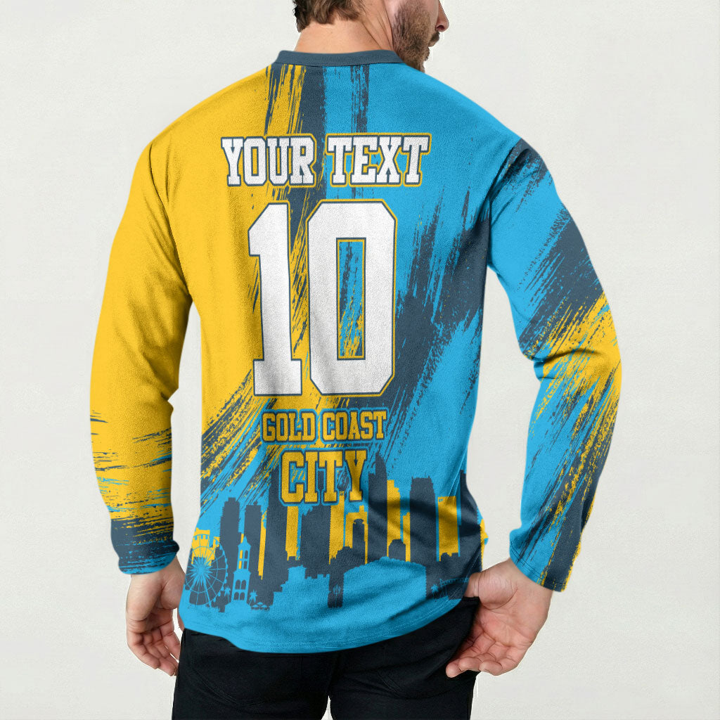 Personalised Gold Coast Titans Rugby Button Sweatshirt Muscular Titan Mascot City Skyline Graphic