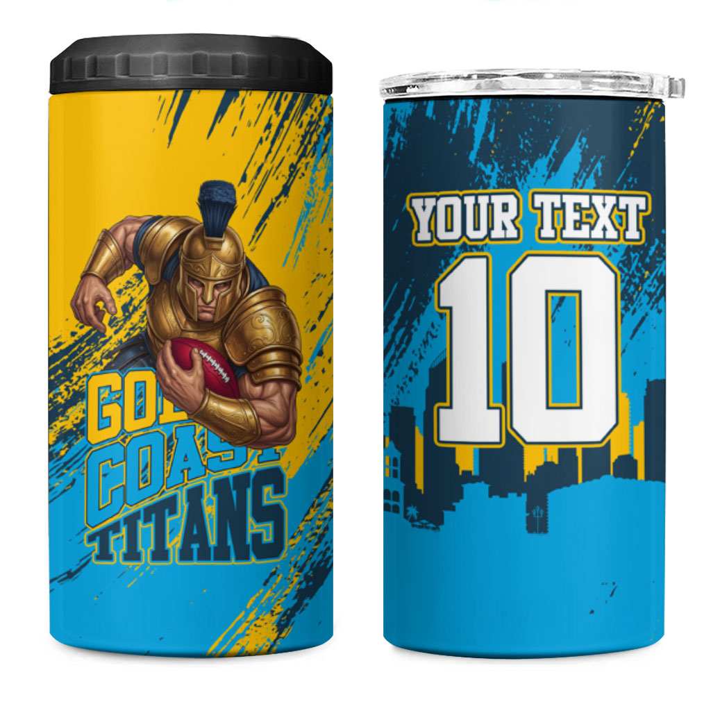 Personalised Gold Coast Titans Rugby 4 in 1 Can Cooler Tumbler Muscular Titan Mascot City Skyline Graphic