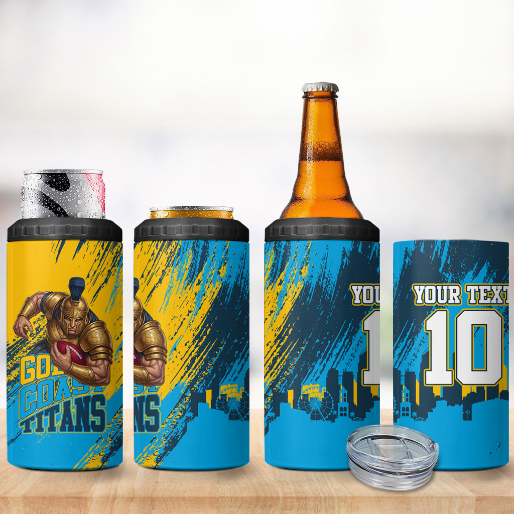 Personalised Gold Coast Titans Rugby 4 in 1 Can Cooler Tumbler Muscular Titan Mascot City Skyline Graphic
