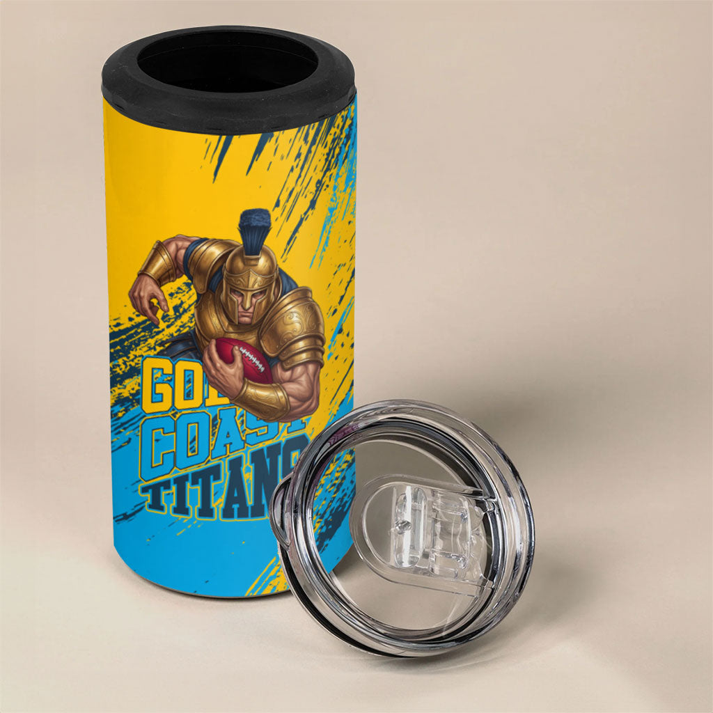 Personalised Gold Coast Titans Rugby 4 in 1 Can Cooler Tumbler Muscular Titan Mascot City Skyline Graphic