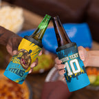 Personalised Gold Coast Titans Rugby 4 in 1 Can Cooler Tumbler Muscular Titan Mascot City Skyline Graphic