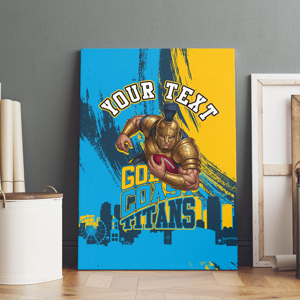 Personalised Gold Coast Titans Rugby Canvas Wall Art Muscular Titan Mascot City Skyline Graphic