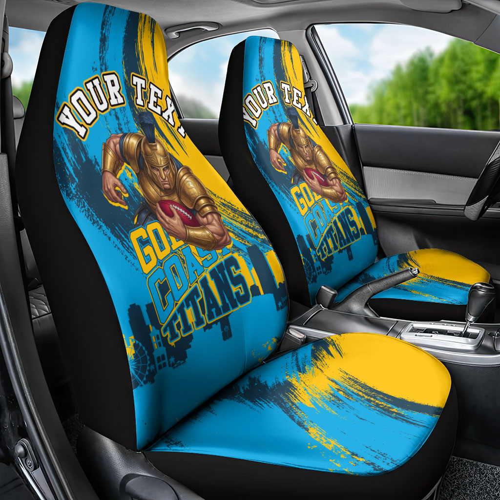 Personalised Gold Coast Titans Rugby Car Seat Cover Muscular Titan Mascot City Skyline Graphic