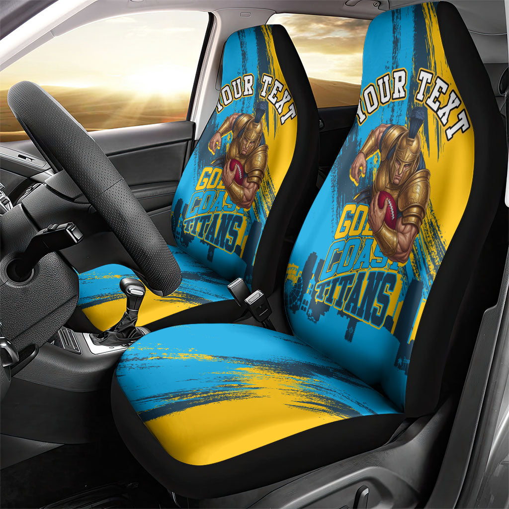 Personalised Gold Coast Titans Rugby Car Seat Cover Muscular Titan Mascot City Skyline Graphic