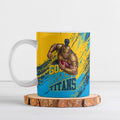 Personalised Gold Coast Titans Rugby Ceramic Mug Muscular Titan Mascot City Skyline Graphic