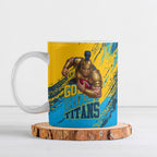 Personalised Gold Coast Titans Rugby Ceramic Mug Muscular Titan Mascot City Skyline Graphic