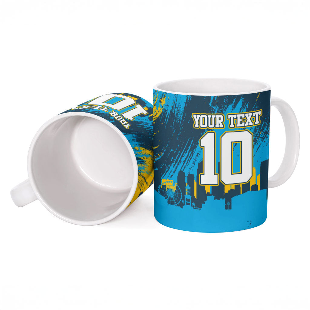 Personalised Gold Coast Titans Rugby Ceramic Mug Muscular Titan Mascot City Skyline Graphic