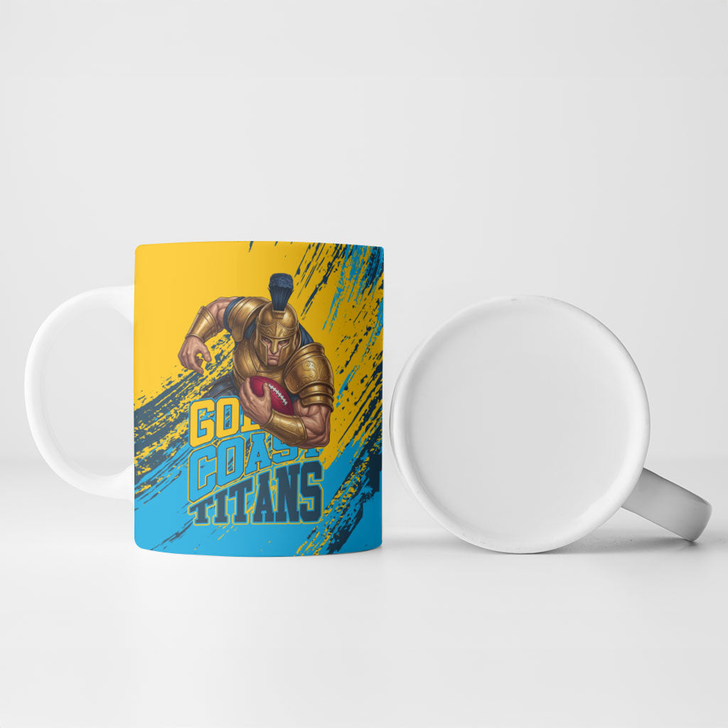 Personalised Gold Coast Titans Rugby Ceramic Mug Muscular Titan Mascot City Skyline Graphic