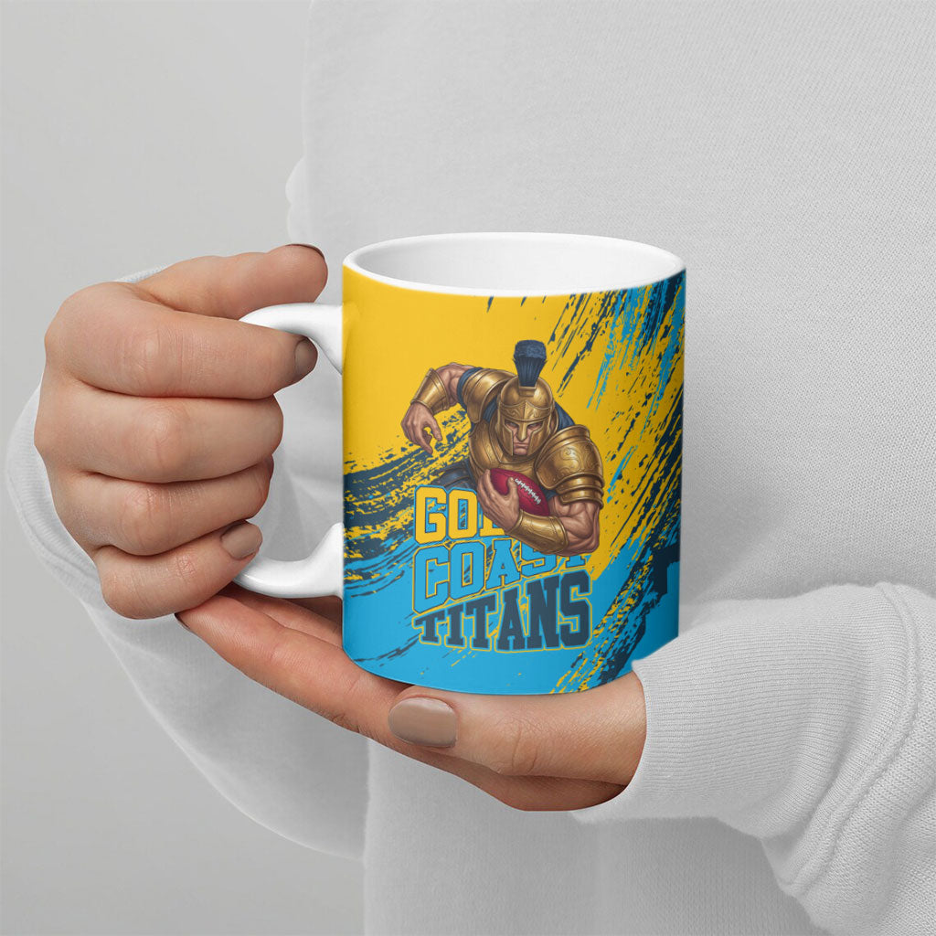 Personalised Gold Coast Titans Rugby Ceramic Mug Muscular Titan Mascot City Skyline Graphic