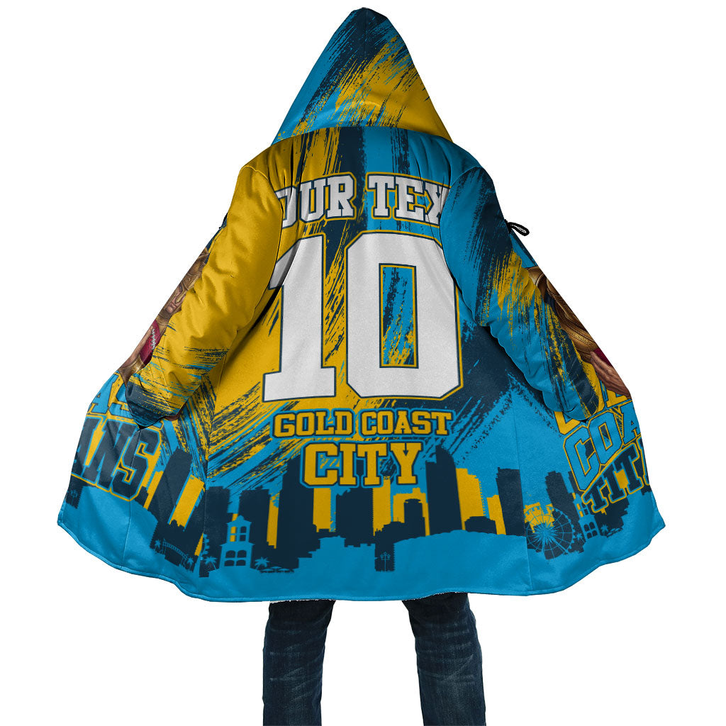 Personalised Gold Coast Titans Rugby Cloak Muscular Titan Mascot City Skyline Graphic