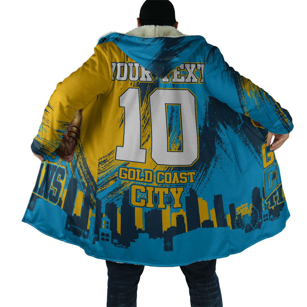Personalised Gold Coast Titans Rugby Cloak Muscular Titan Mascot City Skyline Graphic