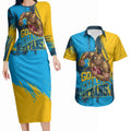 Personalised Gold Coast Titans Rugby Couples Matching Long Sleeve Bodycon Dress and Hawaiian Shirt Muscular Titan Mascot City Skyline Graphic