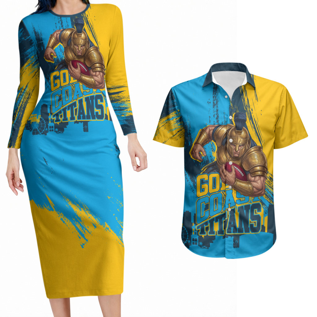 Personalised Gold Coast Titans Rugby Couples Matching Long Sleeve Bodycon Dress and Hawaiian Shirt Muscular Titan Mascot City Skyline Graphic