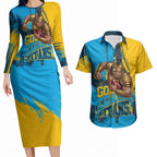 Personalised Gold Coast Titans Rugby Couples Matching Long Sleeve Bodycon Dress and Hawaiian Shirt Muscular Titan Mascot City Skyline Graphic