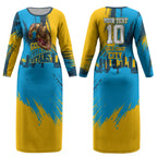 Personalised Gold Coast Titans Rugby Couples Matching Long Sleeve Bodycon Dress and Hawaiian Shirt Muscular Titan Mascot City Skyline Graphic