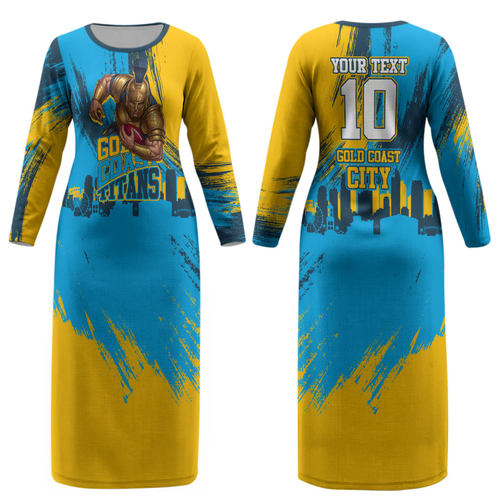 Personalised Gold Coast Titans Rugby Couples Matching Long Sleeve Bodycon Dress and Hawaiian Shirt Muscular Titan Mascot City Skyline Graphic