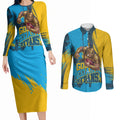Personalised Gold Coast Titans Rugby Couples Matching Long Sleeve Bodycon Dress and Long Sleeve Button Shirt Muscular Titan Mascot City Skyline Graphic