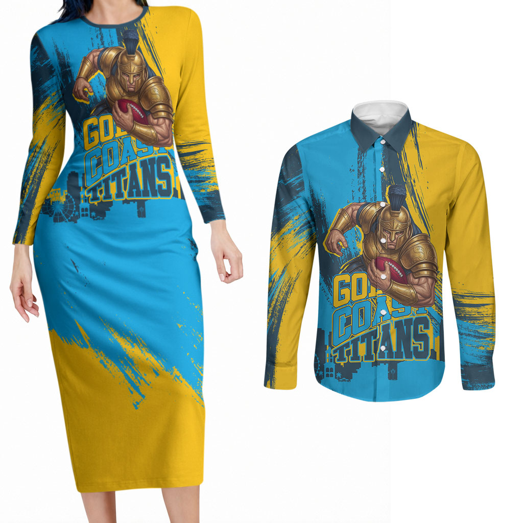 Personalised Gold Coast Titans Rugby Couples Matching Long Sleeve Bodycon Dress and Long Sleeve Button Shirt Muscular Titan Mascot City Skyline Graphic