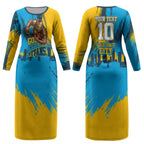 Personalised Gold Coast Titans Rugby Couples Matching Long Sleeve Bodycon Dress and Long Sleeve Button Shirt Muscular Titan Mascot City Skyline Graphic