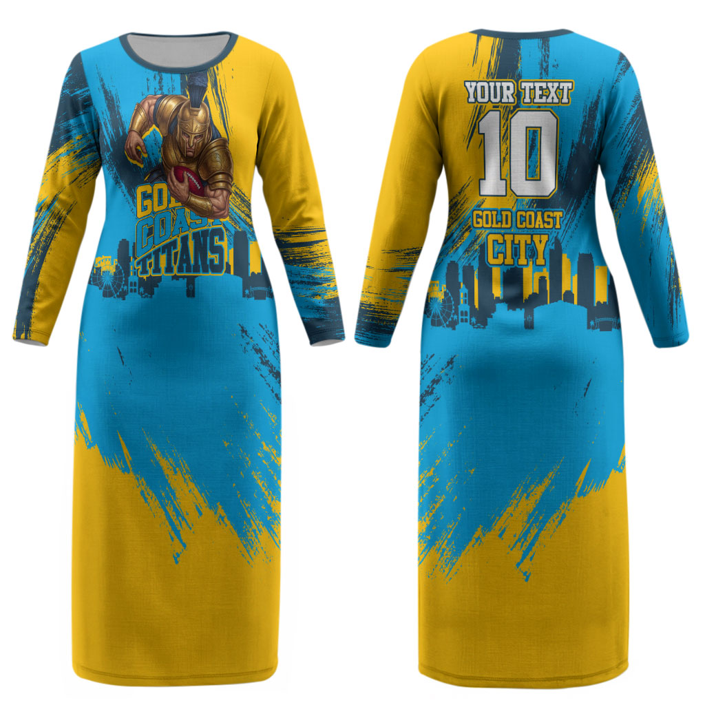 Personalised Gold Coast Titans Rugby Couples Matching Long Sleeve Bodycon Dress and Long Sleeve Button Shirt Muscular Titan Mascot City Skyline Graphic