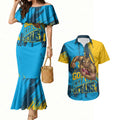 Personalised Gold Coast Titans Rugby Couples Matching Mermaid Dress and Hawaiian Shirt Muscular Titan Mascot City Skyline Graphic