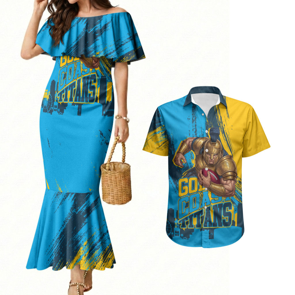 Personalised Gold Coast Titans Rugby Couples Matching Mermaid Dress and Hawaiian Shirt Muscular Titan Mascot City Skyline Graphic