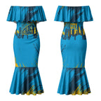 Personalised Gold Coast Titans Rugby Couples Matching Mermaid Dress and Hawaiian Shirt Muscular Titan Mascot City Skyline Graphic