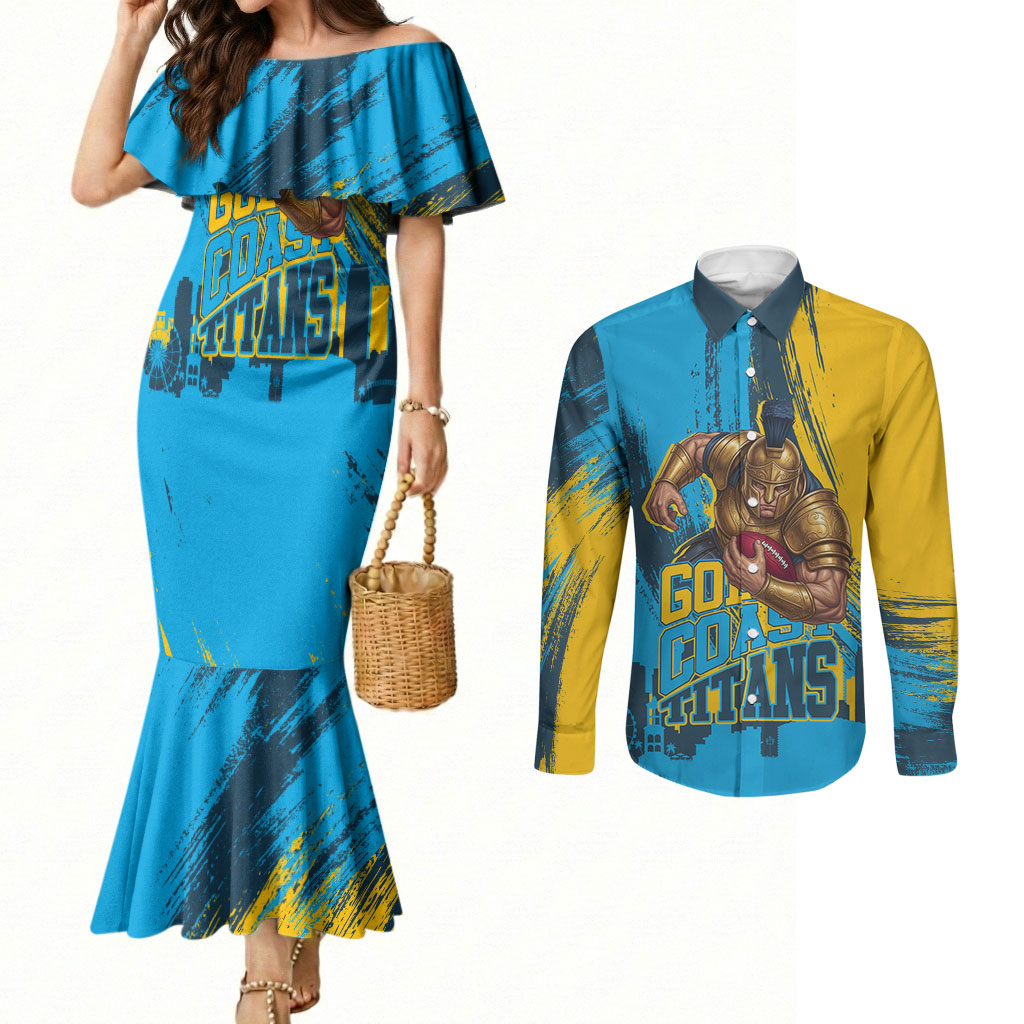 Personalised Gold Coast Titans Rugby Couples Matching Mermaid Dress and Long Sleeve Button Shirt Muscular Titan Mascot City Skyline Graphic
